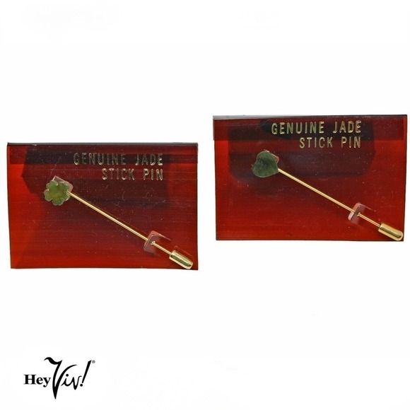 Vintage 2 Genuine Jade Stick Pins Taiwan ROC Label Clover & Heart Shape -Hey Viv - Picture 1 of 4